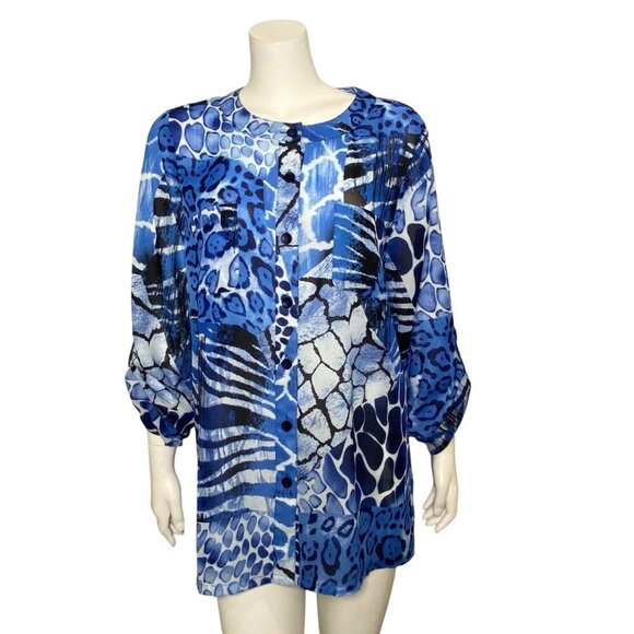 Susan Graver Button Up Tunic Shirt Womens Size L Mixed Print Tab Sleeves Blue - Picture 1 of 8